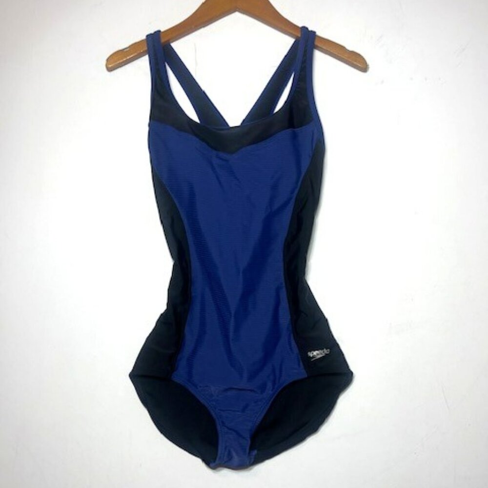 Speedo Women's Blue and Black One Piece Crossback Athletic Swimsuit Sz M‎
